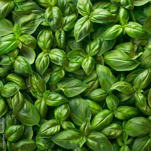 Many fresh Basil leaves texture background, fragrant spices pattern, Ocimum basilicum mockup, great basil