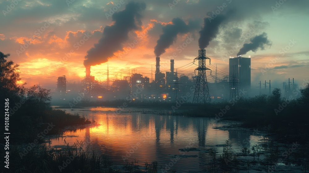 Industrial landscape with smokestacks at sunset by a river. Industrial landscape with smokestacks at sunset by a river.