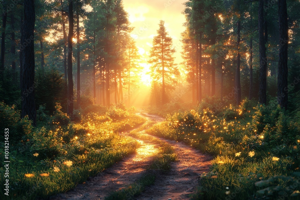 Fototapeta premium Serene forest path at sunrise with vibrant sunlight filtering through tall trees, creating a tranquil atmosphere.