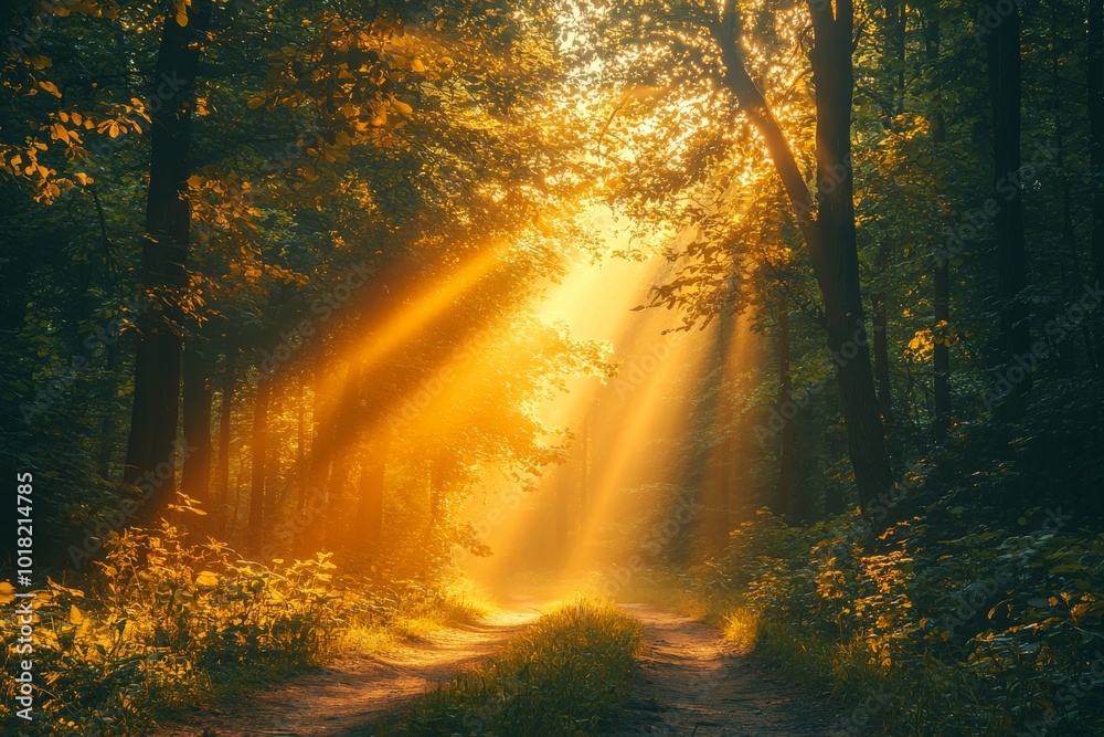 A serene forest path bathed in golden sunlight, creating a peaceful and enchanting atmosphere. A serene forest path bathed in golden sunlight, creating a peaceful and enchanting atmosphere.