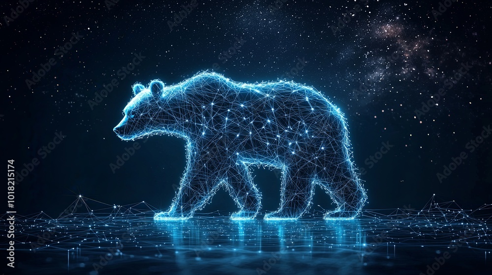 A digital bear composed of shining, interconnected networks walks gracefully in a starry universe setting, portraying the harmony between digital life and nature. A digital bear composed of shining, interconnected networks walks gracefully in a starry universe setting, portraying the harmony between digital life and nature.