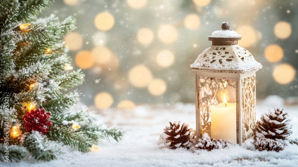 In this image of an old christmas candle lantern in snow against a blurred forest background, selective focus and shallow depth of field are used. In this image of an old christmas candle lantern in snow against a blurred forest background, selective focus and shallow depth of field are used.
