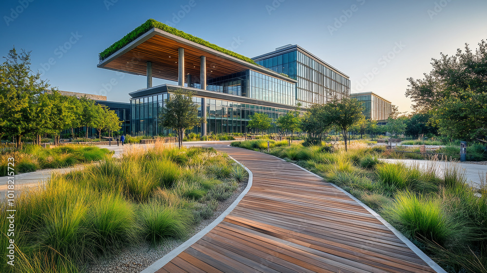 A wooden walkway winds through a landscaped park in front of a modern office building. A wooden walkway winds through a landscaped park in front of a modern office building.