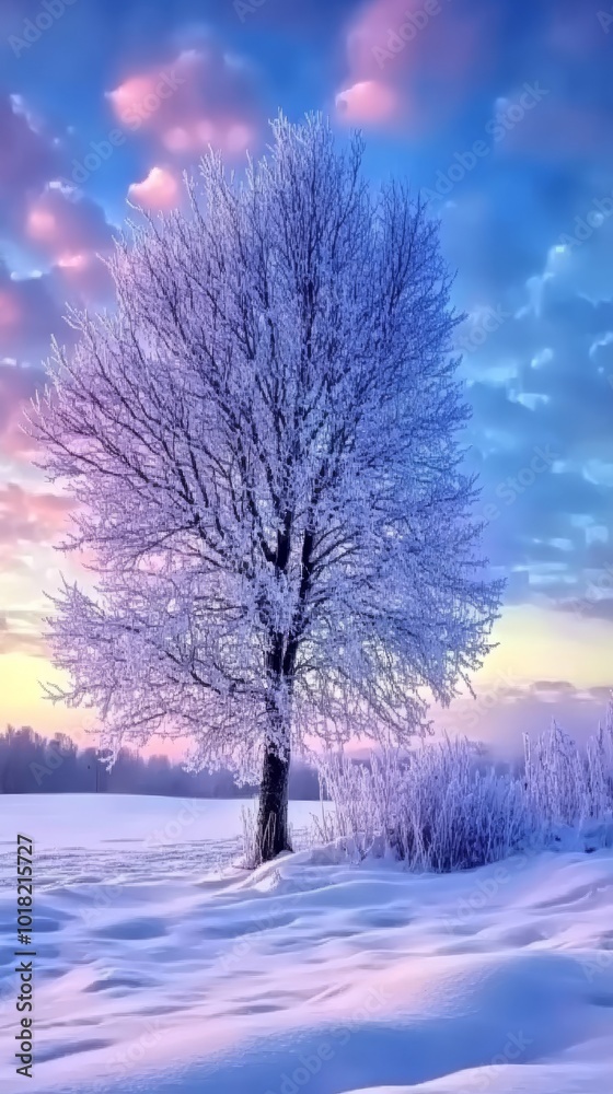 Snow-covered frozen tree silhouetted against a muted morning sky in winter. Snowy landscape. Snow-covered frozen tree silhouetted against a muted morning sky in winter. Snowy landscape.