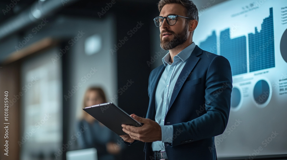 Fototapeta premium Businessman giving a presentation with charts in the background