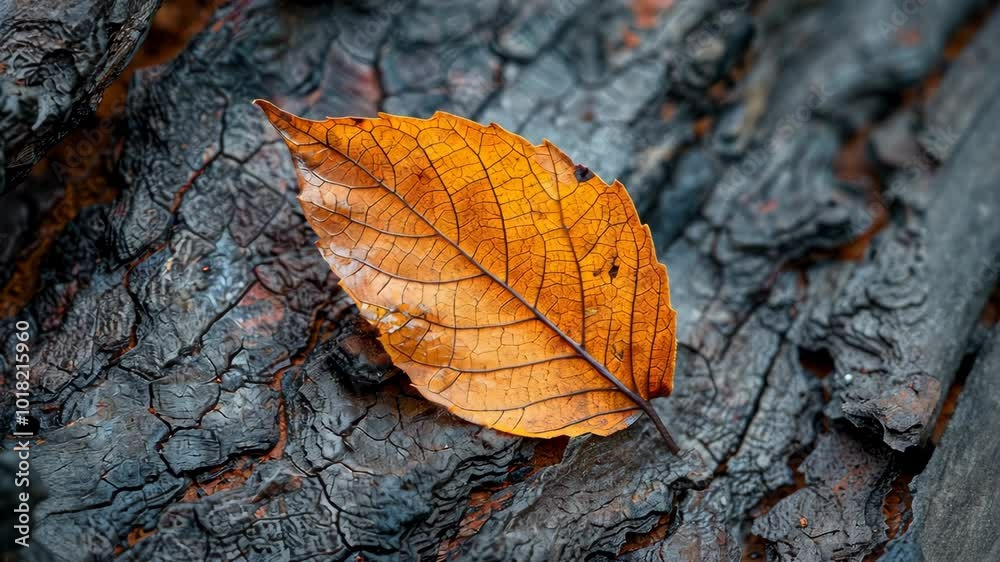 A single, dry leaf rests atop charred wood, a stark reminder of nature's resilience in the aftermath of a fire A single, dry leaf rests atop charred wood, a stark reminder of nature's resilience in the aftermath of a fire
