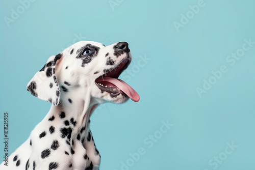 Side view portrait of Cute Dalmatian yawns opening its mouth wide on blue pastel background. Dalmatian puppy yawning. Black and white spotted dog with short hair, opening mouth. 