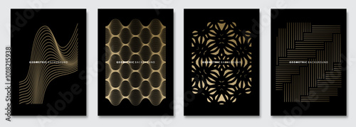 Vector abstract background, creative patterns, geometric gradient texture. Golden deluxe Minimal pattern design. Dark colors. Modern Cover templates set.