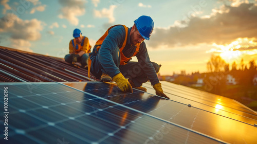 Wallpaper Mural A worker carefully installs solar panels on a rooftop at sunset. Torontodigital.ca
