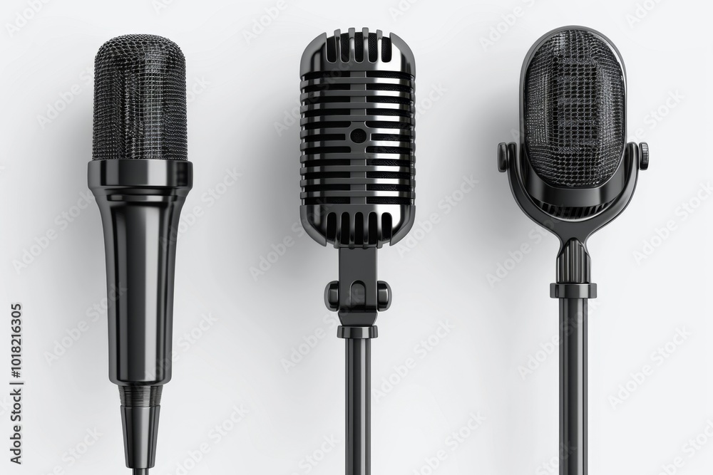 Fototapeta premium Microphone icon, mic symbol, karaoke equipment, broadcasting emblem, concert 3d realistic logo