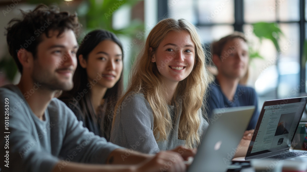 A group of young people are sitting at a table with laptops, focused on their work. A group of young people are sitting at a table with laptops, focused on their work.
