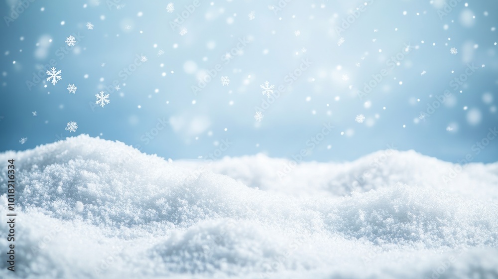In the evening, there is a beautiful light on the blue sky with snow flakes on a snowy winter snow background. Banner format, copy space. In the evening, there is a beautiful light on the blue sky with snow flakes on a snowy winter snow background. Banner format, copy space.