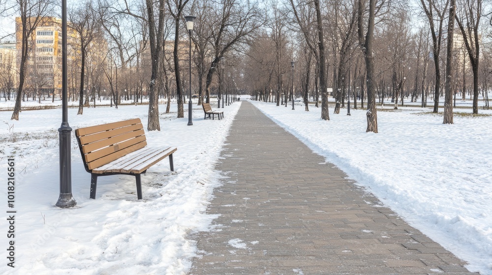 In a peaceful winter park, a white bench with black armrests sits beneath a glowing street lamp, surrounded by snow-covered trees and a blanket of fresh snow In a peaceful winter park, a white bench with black armrests sits beneath a glowing street lamp, surrounded by snow-covered trees and a blanket of fresh snow