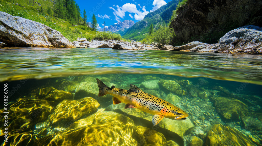 Fototapeta premium A scenic image of a Trout swimming in a crystal-clear mountain stream, its colorful spots and sleek body visible as it navigates through the current