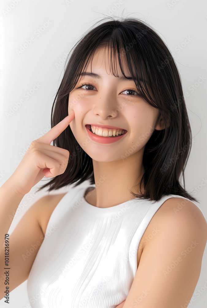 A young Japanese woman smiling and pointing to her cheek against a white background. Photoshoot of pretty female model. Beauty cosmetic, skincare, facial treatment, wellness and healthy lifestyle A young Japanese woman smiling and pointing to her cheek against a white background. Photoshoot of pretty female model. Beauty cosmetic, skincare, facial treatment, wellness and healthy lifestyle