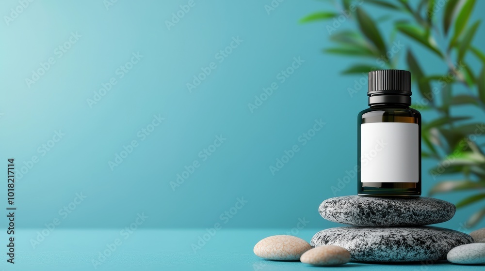 Essential Oil Bottle on Stack of Stones with Blank Label Essential Oil Bottle on Stack of Stones with Blank Label