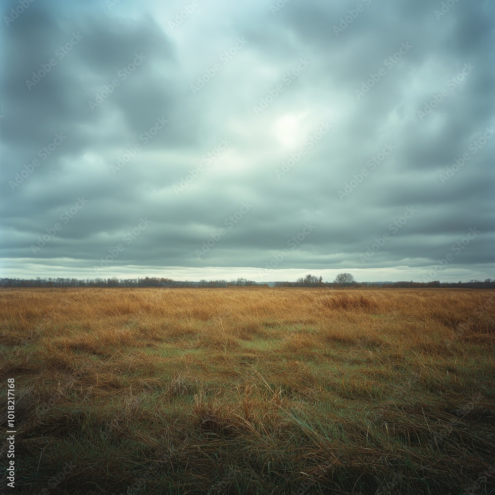 A wide-angle view of a vast, empty field under a cloudy sky, with tall grasses bending in the breeze