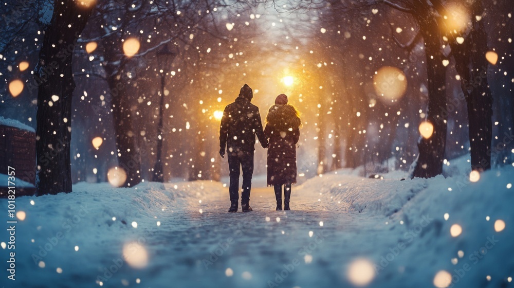 Couple Silhouetted Walking in Snowy Night, Hand in Hand Couple Silhouetted Walking in Snowy Night, Hand in Hand
