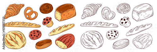 Big Bakery food set in line art style. Bread, pastry, croissant, baguette, pretzel, loaf, muffin, cookie. Design for restaurant, packaging, menu, cafe design.