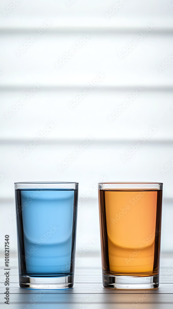 Colored drinks in clear glasses, white background Colored drinks in clear glasses, white background