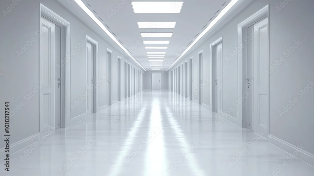 Endless White Corridor with Symmetrical Doors, AI Endless White Corridor with Symmetrical Doors, AI
