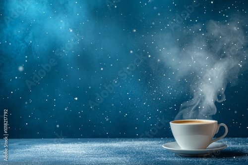 The beauty of winter in nature with a coffee cup in a blue cup against the background of snow.
