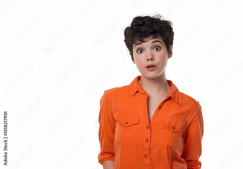 A young woman with short brunette hair wearing an orange shirt looking shocked, surprised and confused with her building eyes isolated on white background. Confused female model. A young woman with short brunette hair wearing an orange shirt looking shocked, surprised and confused with her building eyes isolated on white background. Confused female model.