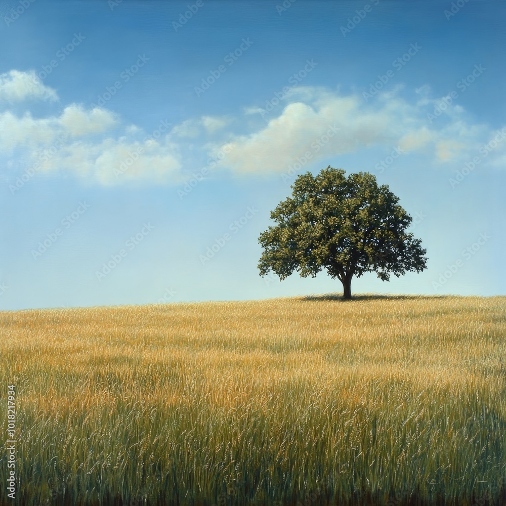 A wide-open field of tall grass swaying gently in the breeze, with a single oak tree standing tall against a blue sky A wide-open field of tall grass swaying gently in the breeze, with a single oak tree standing tall against a blue sky