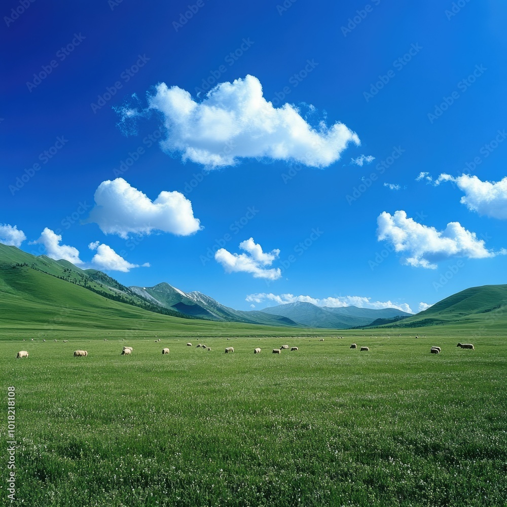 A wide-open green meadow with grazing sheep, framed by a distant mountain range under a bright blue sky A wide-open green meadow with grazing sheep, framed by a distant mountain range under a bright blue sky