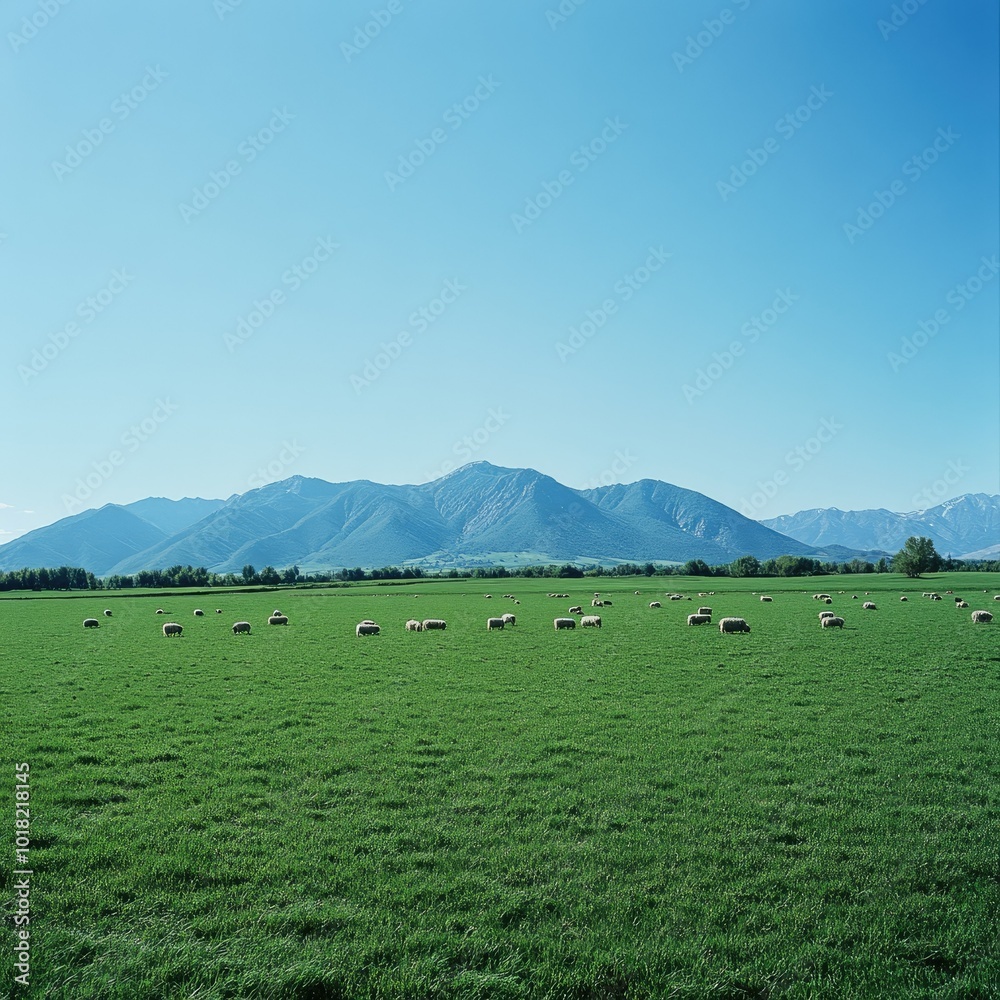 Obraz premium A wide-open green meadow with grazing sheep, framed by a distant mountain range under a bright blue sky
