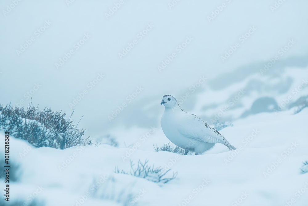 A rock ptarmigan (Lagopus muta) in the snow over the Cairngorms in Scotland during the winter A rock ptarmigan (Lagopus muta) in the snow over the Cairngorms in Scotland during the winter