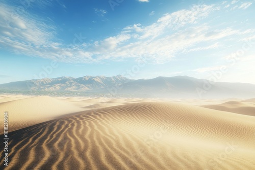 A vast arid desert landscape with sand dunes and distant mountains, illustrating the effects of extreme drought and land degradation.