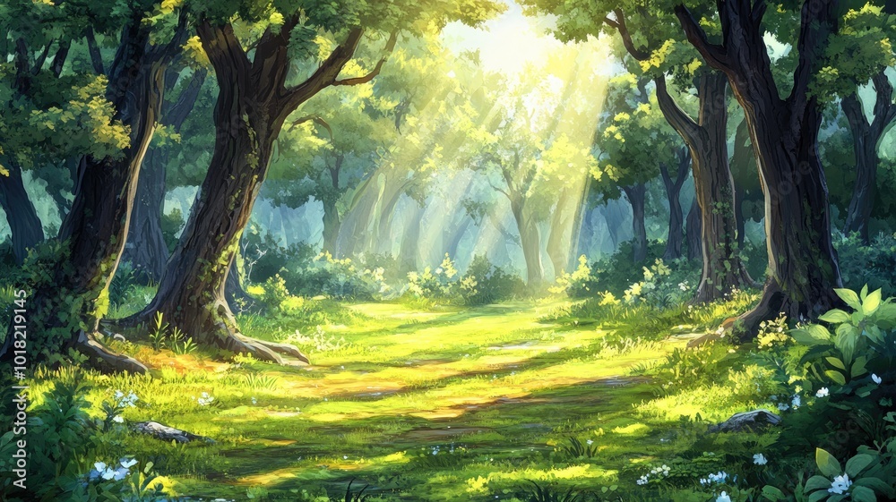 Obraz premium Sunlit Forest Path with Lush Green Foliage and White Flowers