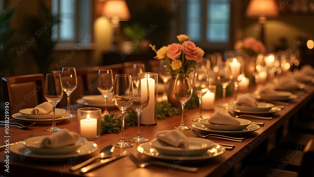 A Beautifully Set Dinner Table Adorned with Delicate Tableware and Candles Creating a Warm Atmosphere for Meaningful Conversations A Beautifully Set Dinner Table Adorned with Delicate Tableware and Candles Creating a Warm Atmosphere for Meaningful Conversations