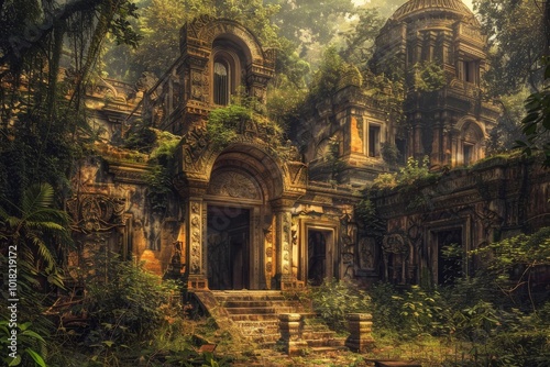 Abandoned Palace in Jungle, Vintage Painting, Ruined Hotel in Deep Forest