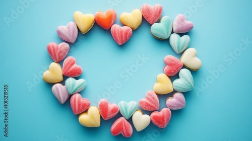 Colorful Heart-Shaped Candies Arranged in a Circle on a Blue Background