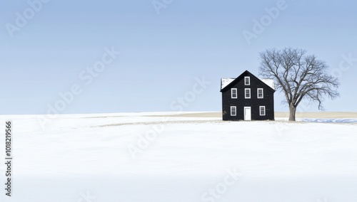 On a stark white background, the upperright third shows a minimalist haunted house outline photo