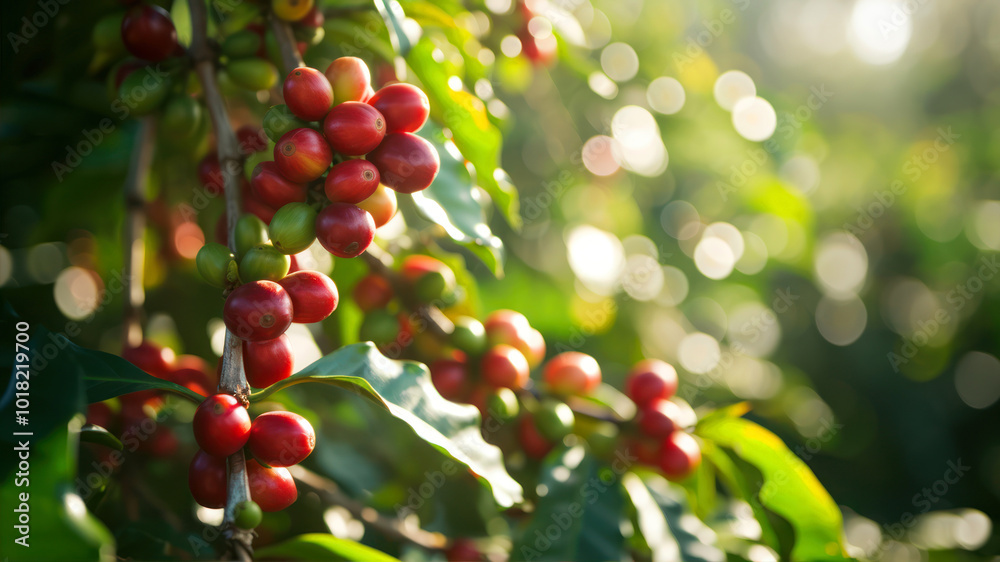 Fototapeta premium Vibrant Coffee Cherries Ripening on the Branch in a Sunlit Plantation