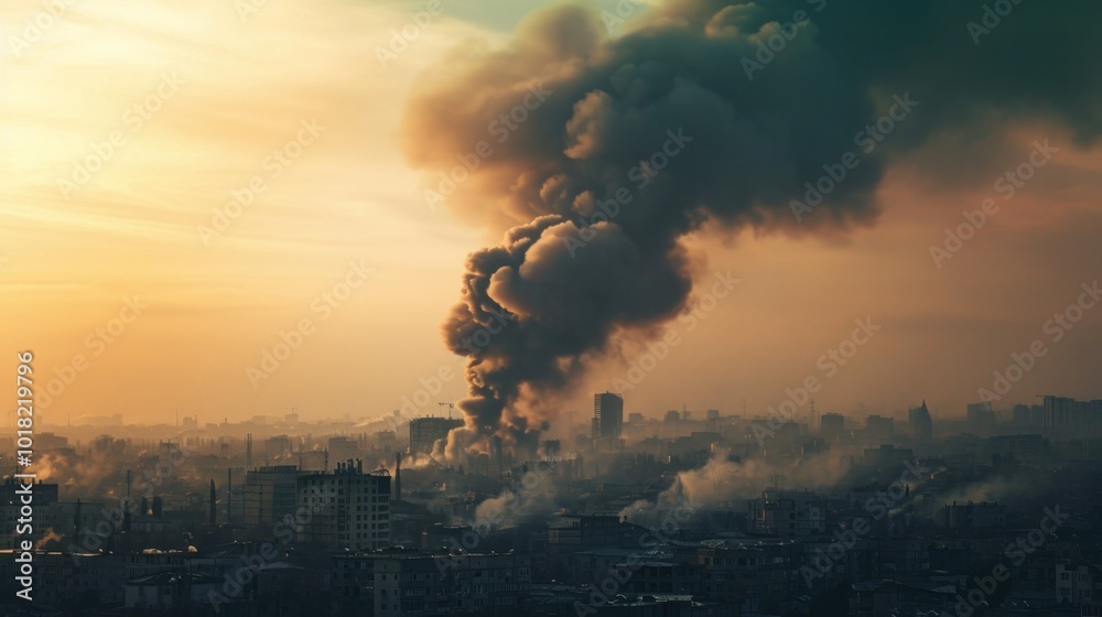 An aerial view of a bustling city with smoke billowing from it An aerial view of a bustling city with smoke billowing from it