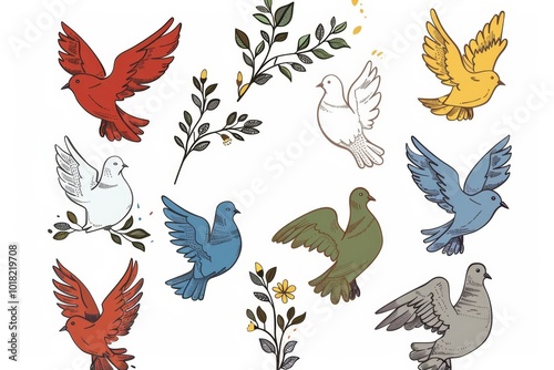 Peace dove icon, pigeons, dove twigs doodle sketched collection. Flying birds silhouettes on white