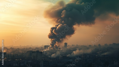 An aerial view of a bustling city with smoke billowing from it