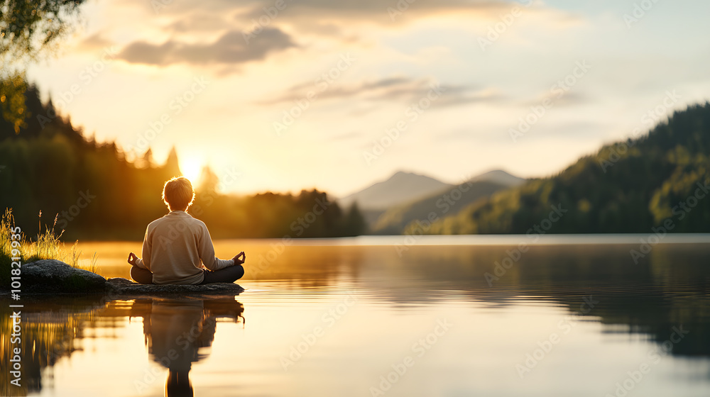 A peaceful sunset over a quiet lake with a person meditation A peaceful sunset over a quiet lake with a person meditation