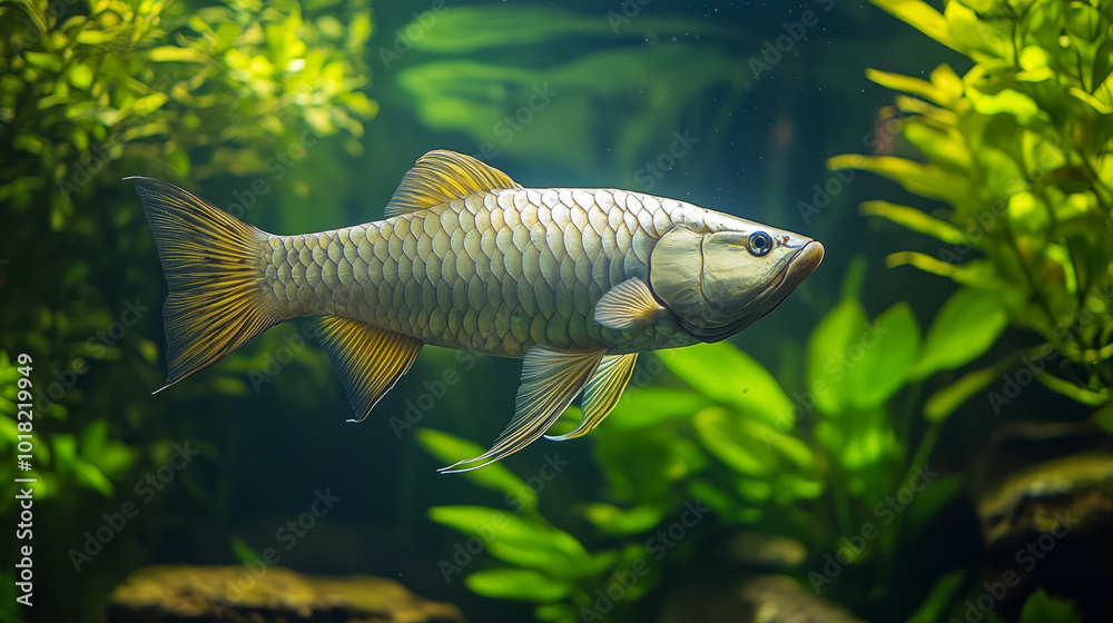 Fototapeta premium An elegant Arowana Fish swimming majestically in a large aquarium, its metallic scales shimmering under the light