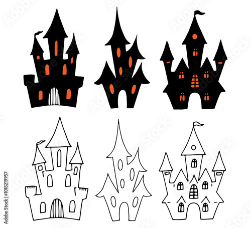 Set of haunted house silhouettes. Black and orange outline drawing for Halloween. Hand drawn graphic clipart. Line sketch of mansion for creepy decor and invitation design. Simple Doodle style