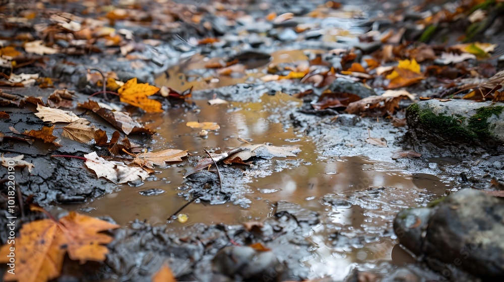 Muddy creek bed with rocks and autumn leaves after a playful splash fight Muddy creek bed with rocks and autumn leaves after a playful splash fight