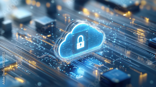 Cloud security,  In a sleek digital environment, a bright holographic lockpad icon showcases security features above a detailed cloud system. Streams of data flow seamlessly around photo