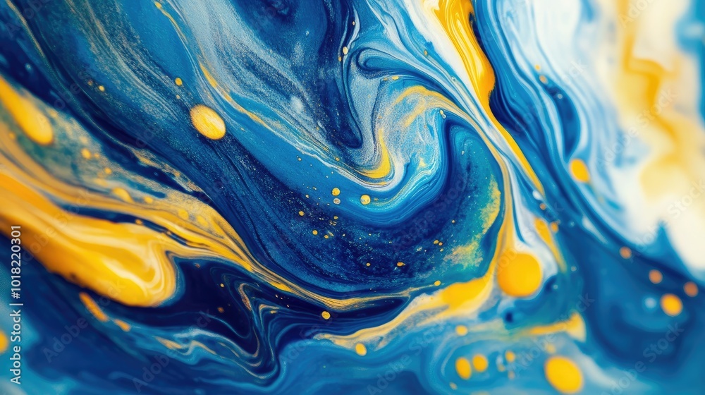 Abstract close-up of blue and yellow paint swirls blending into flowing shapes. Abstract close-up of blue and yellow paint swirls blending into flowing shapes.