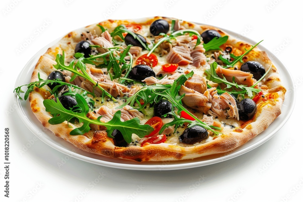 Pizza with Tuna, Black Olives and Fresh Arugula, Traditional Italian Seafood Pizza with Yellowfin Meat Pizza with Tuna, Black Olives and Fresh Arugula, Traditional Italian Seafood Pizza with Yellowfin Meat