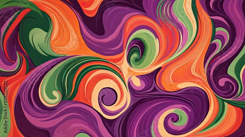 Abstract colorful swirls in bold shades of purple, green, and orange, flowing in a continuous, hypnotic pattern against a clean backdrop