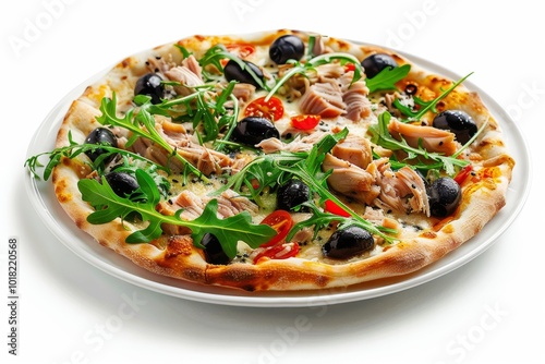 Pizza with Tuna, Black Olives and Fresh Arugula, Traditional Italian Seafood Pizza with Yellowfin Meat